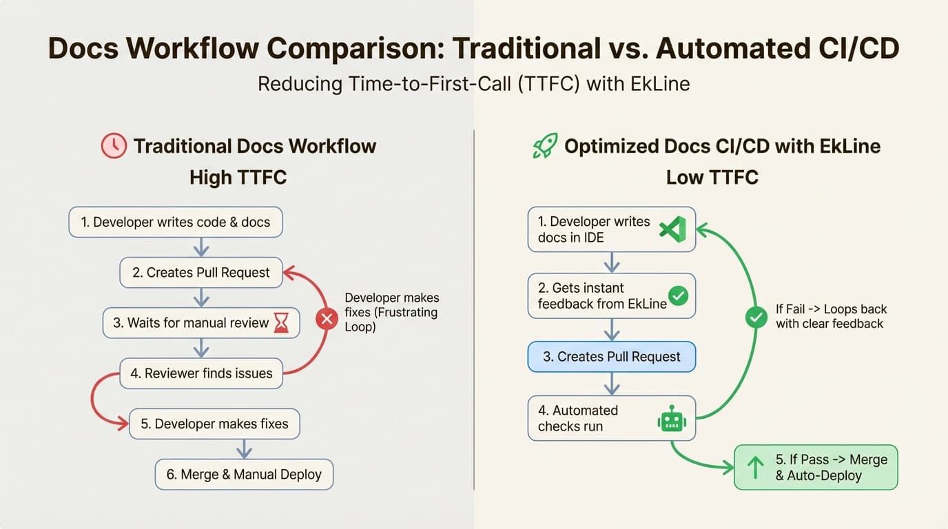 A comparison of a slow, manual documentation workflow versus a fast, automated Docs CI/CD workflow using EkLine.